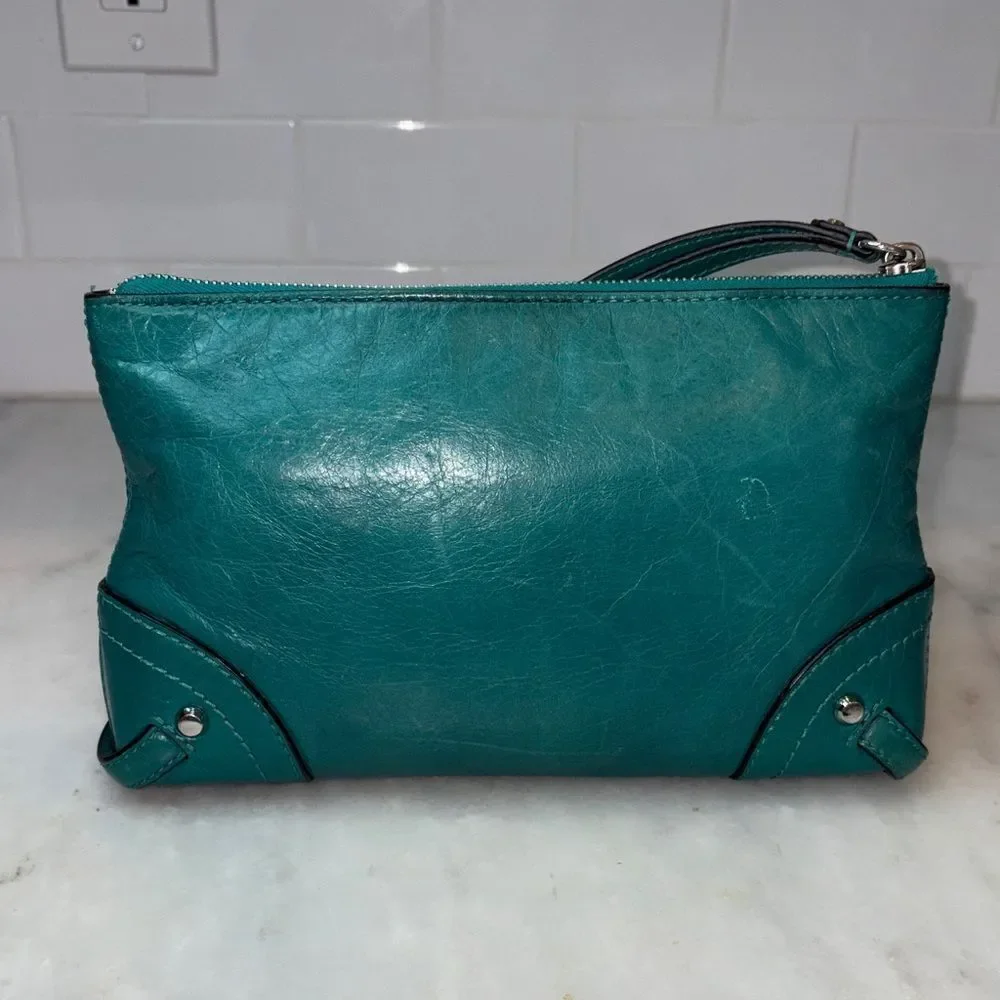 Michael Kors Purse Bag Fallon Large Leather Zip Clutch Wristlet Teal Aqua HTF
